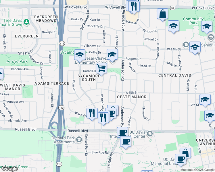 map of restaurants, bars, coffee shops, grocery stores, and more near 886 Linden Lane in Davis