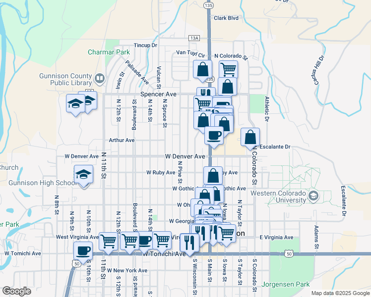 map of restaurants, bars, coffee shops, grocery stores, and more near 714 North Pine Street in Gunnison