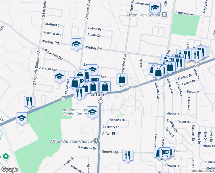 map of restaurants, bars, coffee shops, grocery stores, and more near 8935 Eden Avenue in Affton