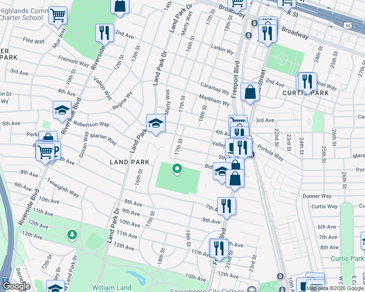 map of restaurants, bars, coffee shops, grocery stores, and more near 2991 17th Street in Sacramento