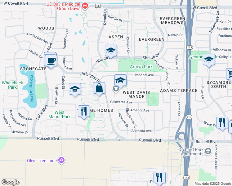 map of restaurants, bars, coffee shops, grocery stores, and more near 2121 Calaveras Avenue in Davis