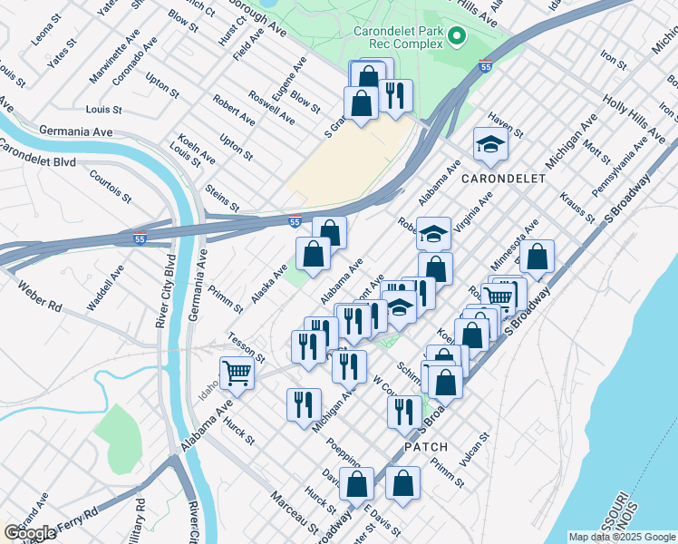 map of restaurants, bars, coffee shops, grocery stores, and more near 7505 Alabama Avenue in St. Louis