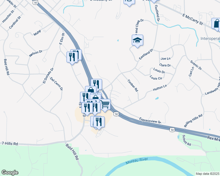 map of restaurants, bars, coffee shops, grocery stores, and more near 606 Woodlander Rd in Jefferson City