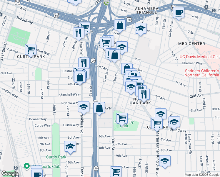 map of restaurants, bars, coffee shops, grocery stores, and more near 2848 33rd Street in Sacramento