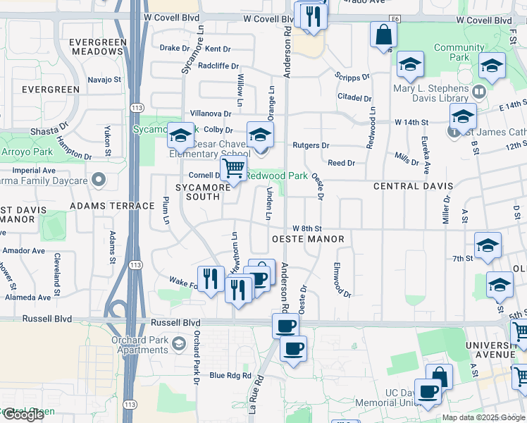 map of restaurants, bars, coffee shops, grocery stores, and more near 810 Linden Lane in Davis
