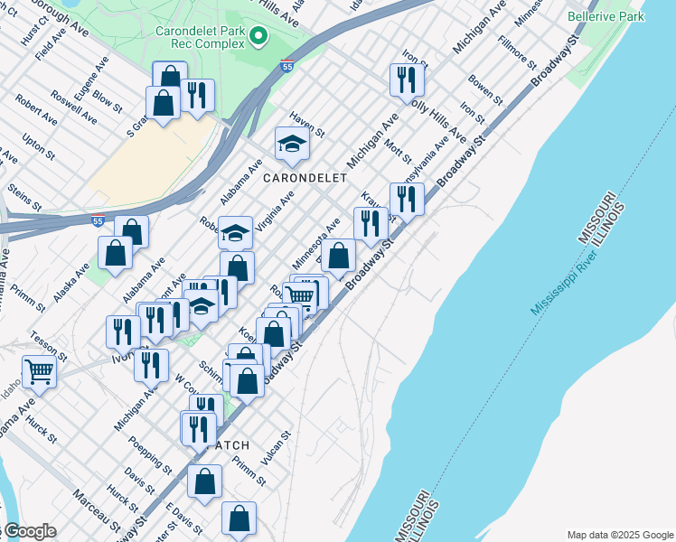 map of restaurants, bars, coffee shops, grocery stores, and more near 7101 Pennsylvania Avenue in St. Louis