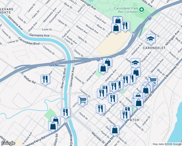 map of restaurants, bars, coffee shops, grocery stores, and more near 7705 Alaska Avenue in St. Louis
