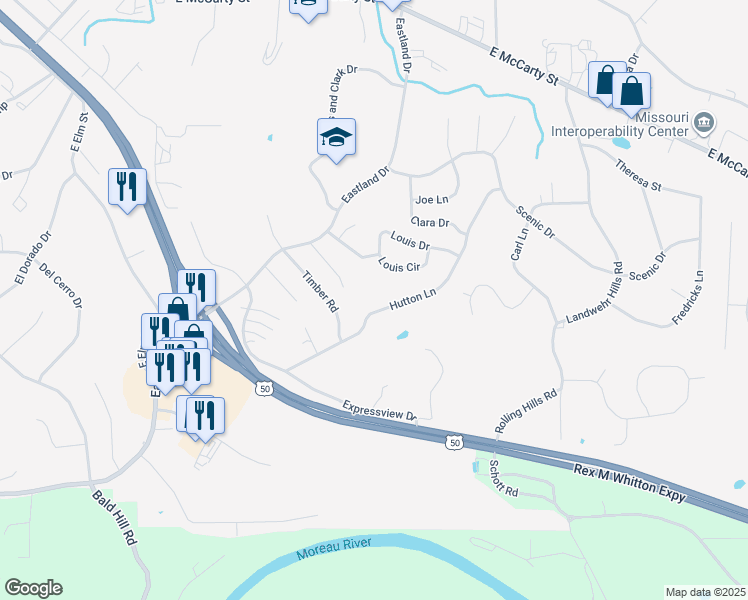 map of restaurants, bars, coffee shops, grocery stores, and more near 448a Hutton Lane in Jefferson City