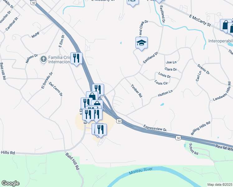 map of restaurants, bars, coffee shops, grocery stores, and more near 606 Woodlander Road in Jefferson City