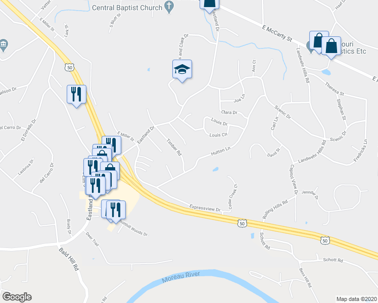 map of restaurants, bars, coffee shops, grocery stores, and more near 2024 Chickadee Road in Jefferson City
