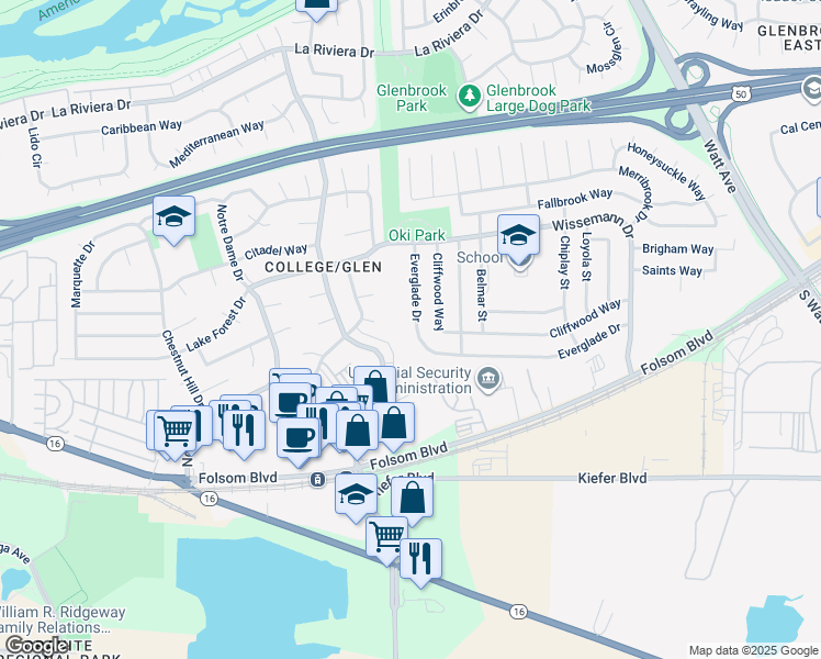 map of restaurants, bars, coffee shops, grocery stores, and more near 8522 Everglade Drive in Sacramento
