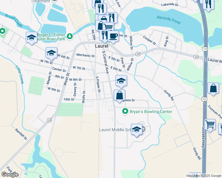 map of restaurants, bars, coffee shops, grocery stores, and more near 815 South Central Avenue in Laurel