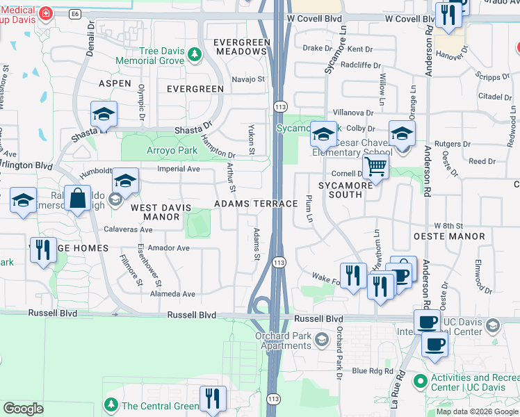 map of restaurants, bars, coffee shops, grocery stores, and more near 800 Adams Street in Davis