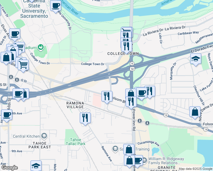map of restaurants, bars, coffee shops, grocery stores, and more near 7801 Folsom Boulevard in Sacramento