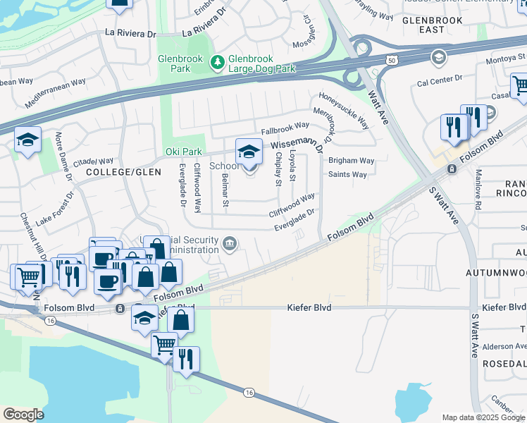map of restaurants, bars, coffee shops, grocery stores, and more near 8650 Cliffwood Way in Sacramento