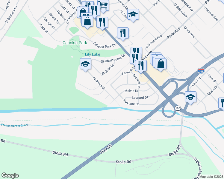 map of restaurants, bars, coffee shops, grocery stores, and more near 1609 Andrews Drive in Cahokia