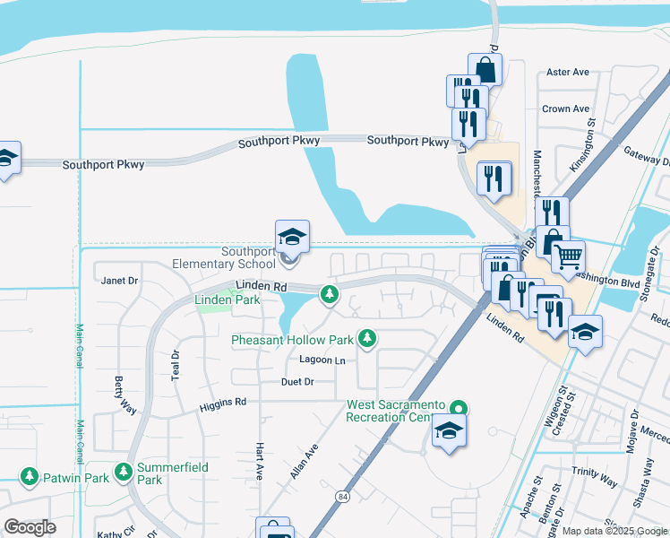 map of restaurants, bars, coffee shops, grocery stores, and more near 2485 Huckleberry Circle in West Sacramento