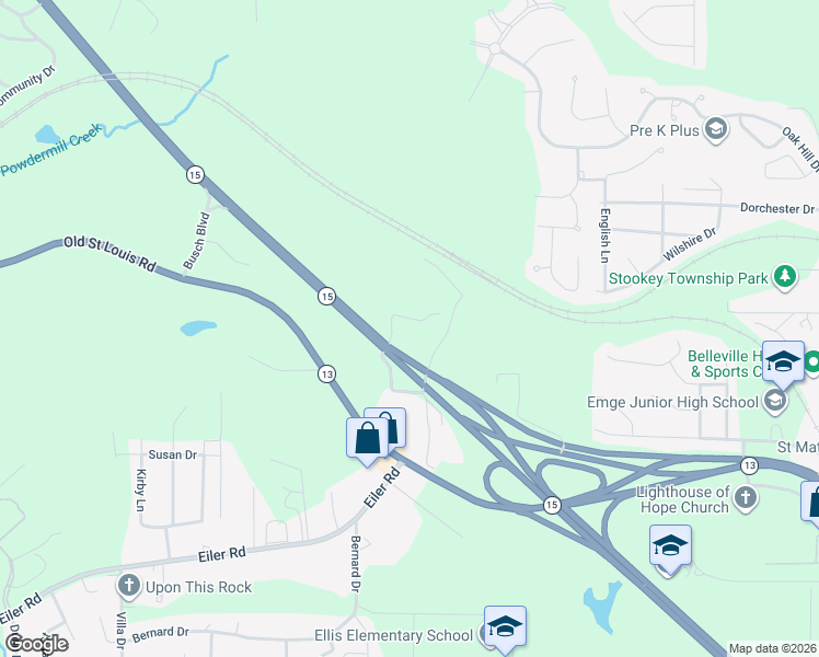 map of restaurants, bars, coffee shops, grocery stores, and more near 15 Green Oaks in Belleville