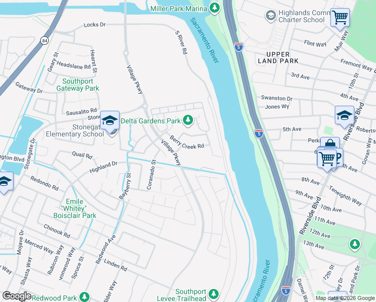 map of restaurants, bars, coffee shops, grocery stores, and more near 1287 Berry Creek Road in West Sacramento