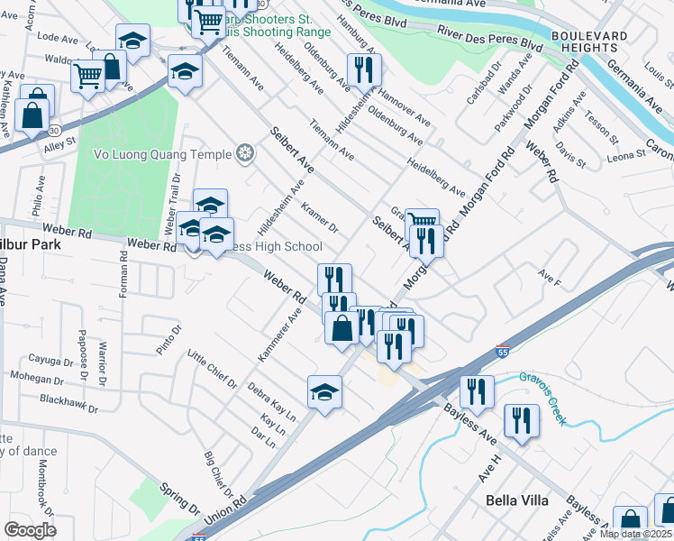map of restaurants, bars, coffee shops, grocery stores, and more near 4340 Sinnwell Drive in St. Louis