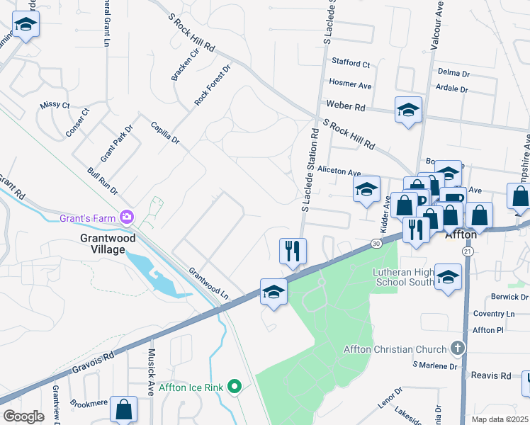 map of restaurants, bars, coffee shops, grocery stores, and more near 43 Grantwood Lane in Saint Louis