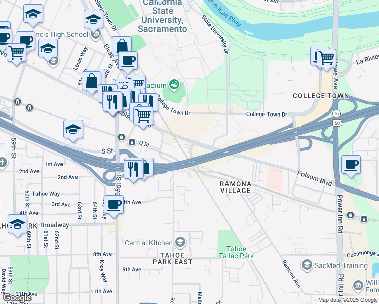 map of restaurants, bars, coffee shops, grocery stores, and more near 6948 Folsom Boulevard in Sacramento
