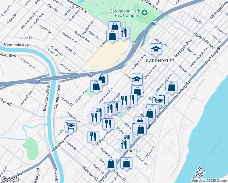 map of restaurants, bars, coffee shops, grocery stores, and more near 617 Koeln Avenue in St. Louis