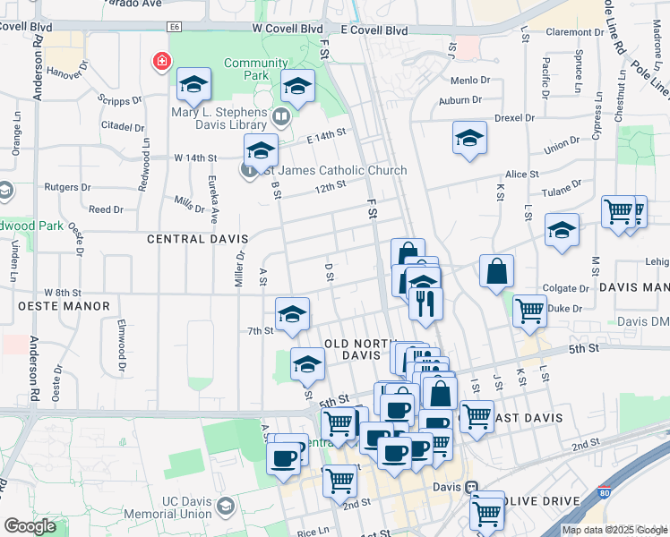 map of restaurants, bars, coffee shops, grocery stores, and more near 822 D Street in Davis