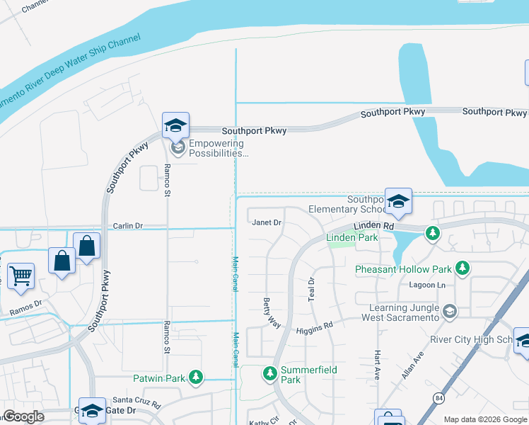 map of restaurants, bars, coffee shops, grocery stores, and more near 2949 Janet Drive in West Sacramento