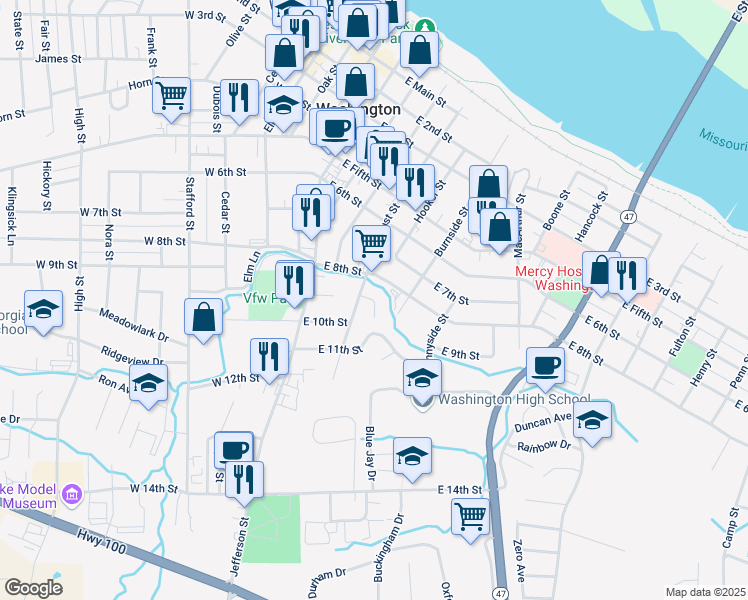 map of restaurants, bars, coffee shops, grocery stores, and more near 800 Locust Street in Washington