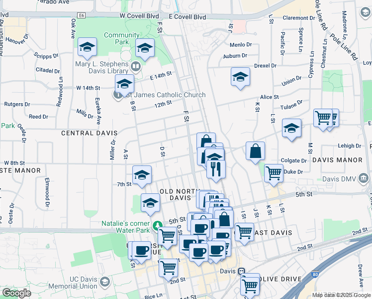 map of restaurants, bars, coffee shops, grocery stores, and more near 615-A/B East 8th Street in Davis