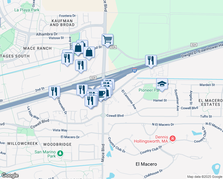 map of restaurants, bars, coffee shops, grocery stores, and more near 4823 Chiles Road in Davis