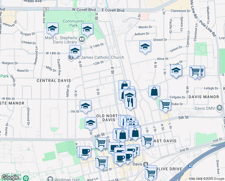 map of restaurants, bars, coffee shops, grocery stores, and more near 615-A/B East 8th Street in Davis
