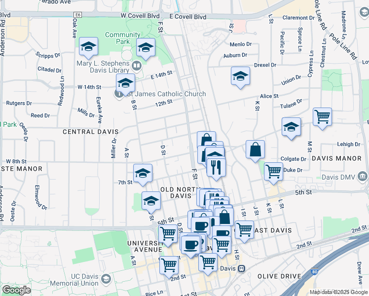 map of restaurants, bars, coffee shops, grocery stores, and more near 615-A/B East 8th Street in Davis