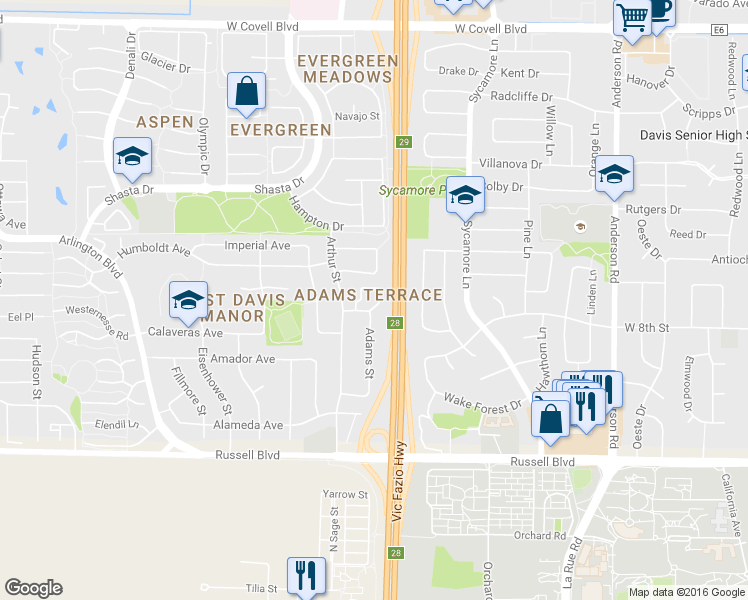 map of restaurants, bars, coffee shops, grocery stores, and more near 800 Adams Street in Davis