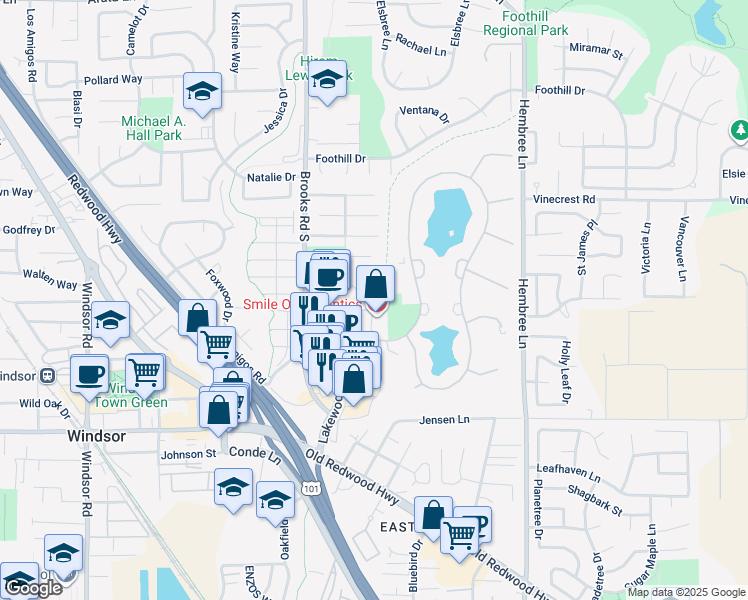 map of restaurants, bars, coffee shops, grocery stores, and more near 907 Adele Drive in Windsor