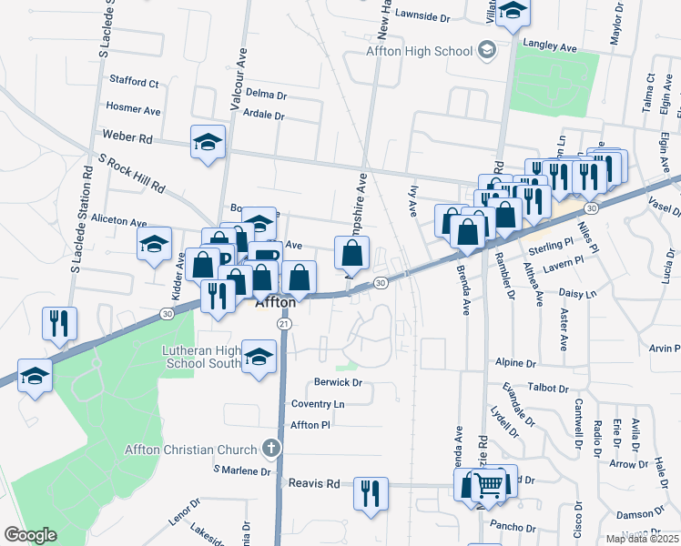 map of restaurants, bars, coffee shops, grocery stores, and more near 9915 Gravois Road in Affton