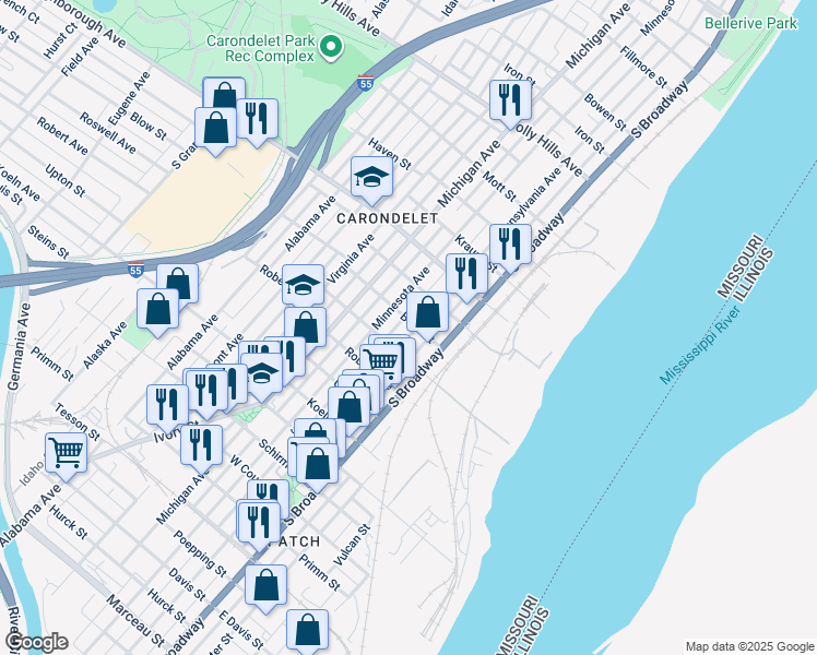map of restaurants, bars, coffee shops, grocery stores, and more near 7101 Pennsylvania Avenue in St. Louis