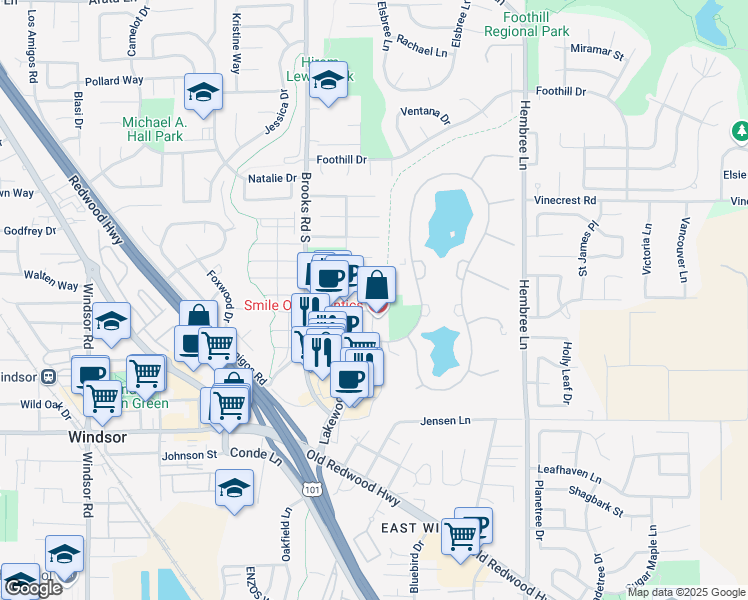 map of restaurants, bars, coffee shops, grocery stores, and more near 907 Adele Drive in Windsor
