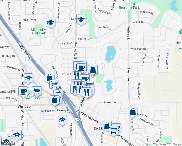 map of restaurants, bars, coffee shops, grocery stores, and more near 907 Adele Drive in Windsor