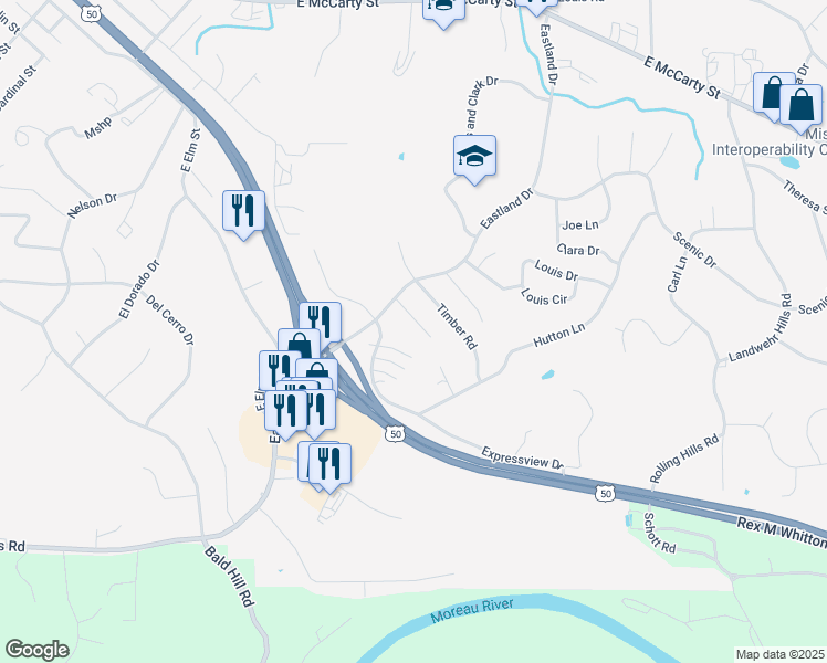 map of restaurants, bars, coffee shops, grocery stores, and more near 2012 Wooded Lane Road in Jefferson City