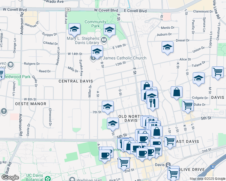 map of restaurants, bars, coffee shops, grocery stores, and more near 320 9th Street in Davis