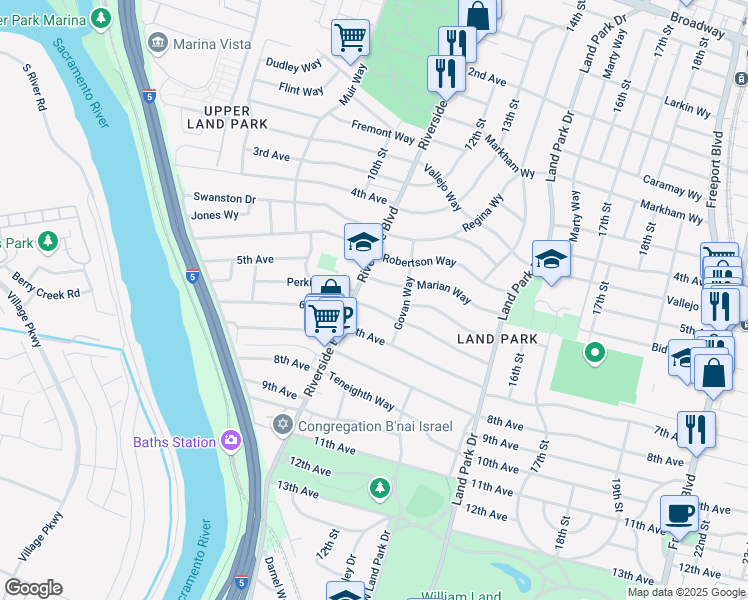 map of restaurants, bars, coffee shops, grocery stores, and more near 1116 Perkins Way in Sacramento