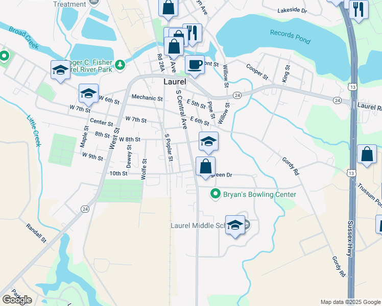 map of restaurants, bars, coffee shops, grocery stores, and more near 801 South Central Avenue in Laurel