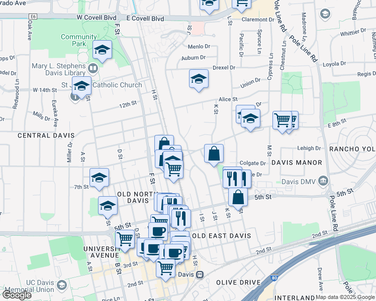 map of restaurants, bars, coffee shops, grocery stores, and more near E 8th St & J St in Davis