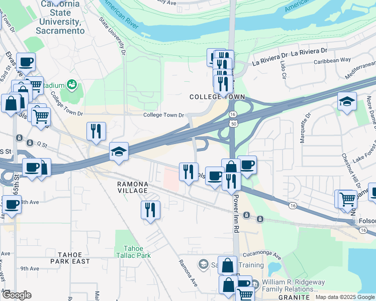 map of restaurants, bars, coffee shops, grocery stores, and more near 7801 Folsom Boulevard in Sacramento
