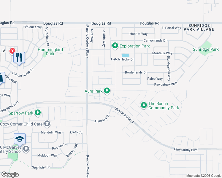 map of restaurants, bars, coffee shops, grocery stores, and more near 4223 Choteau Circle in Rancho Cordova