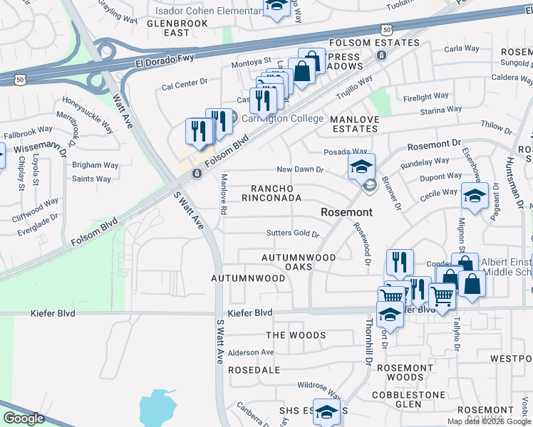 map of restaurants, bars, coffee shops, grocery stores, and more near 8944 Fashion Drive in Sacramento
