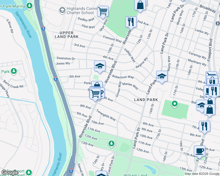 map of restaurants, bars, coffee shops, grocery stores, and more near 1116 Perkins Way in Sacramento