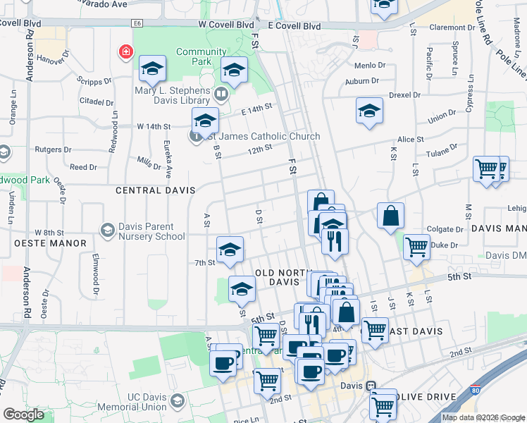 map of restaurants, bars, coffee shops, grocery stores, and more near 822 D Street in Davis